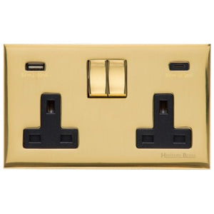 Winchester Range Polished Brass Switches & Sockets, W01 - 2G 13A Socket with USB-A+C by Heritage Brass By M-Marcus