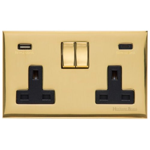 Winchester Range Polished Brass Switches & Sockets, W01 - 2G 13A Socket with USB-A+C by Heritage Brass By M-Marcus