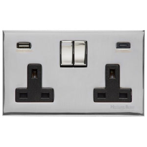 Winchester Range Polished Chrome Switches & Sockets, W02 - 2G 13A Socket with USB-A+C by Heritage Brass By M-Marcus