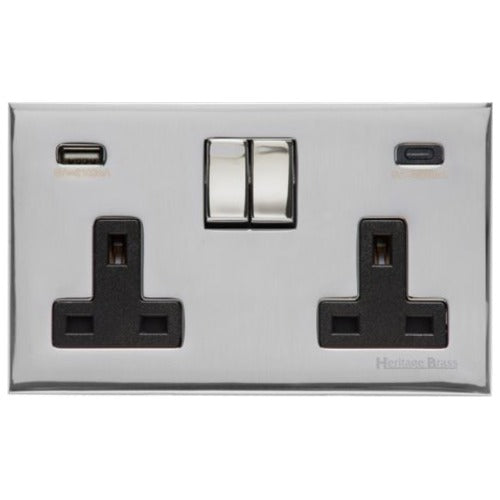 Winchester Range Polished Chrome Switches & Sockets, W02 - 2G 13A Socket with USB-A+C by Heritage Brass By M-Marcus