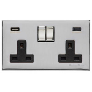 Winchester Range Polished Chrome Switches & Sockets, W02 - 2G 13A Socket with USB-A+C by Heritage Brass By M-Marcus
