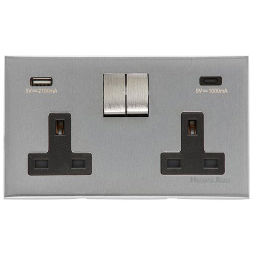 Winchester Range Satin Chrome Switches & Sockets, W03 - 2G 13A Socket with USB-A+C by Heritage Brass By M-Marcus