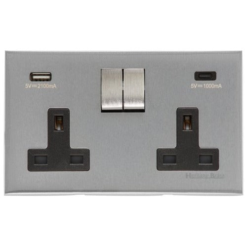 Winchester Range Satin Chrome Switches & Sockets, W03 - 2G 13A Socket with USB-A+C by Heritage Brass By M-Marcus