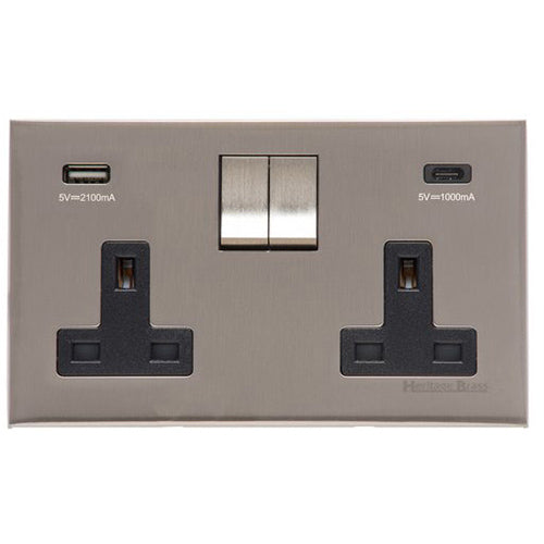Winchester Range Satin Nickel Switches & Sockets, W05 - 2G 13A Socket with USB-A+C by Heritage Brass By M-Marcus