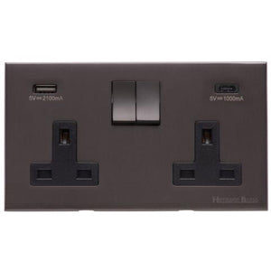 Winchester Range Matt Bronze Switches & Sockets, W09 - 2G 13A Socket with USB-A+C by Heritage Brass By M-Marcus
