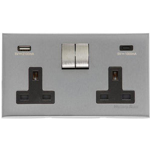 Winchester Range Satin Chrome Silk Switches & Sockets, W35 - 2G 13A Socket with USB-A+C by Heritage Brass By M-Marcus