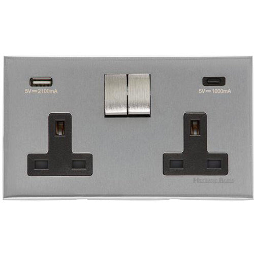 Winchester Range Satin Chrome Silk Switches & Sockets, W35 - 2G 13A Socket with USB-A+C by Heritage Brass By M-Marcus