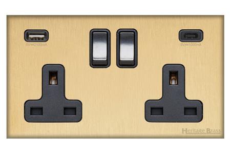 Windsor Range Matt Brass Switches & Sockets, WN40 - 2G 13A Socket with USB-A+C by Heritage Brass By M-Marcus