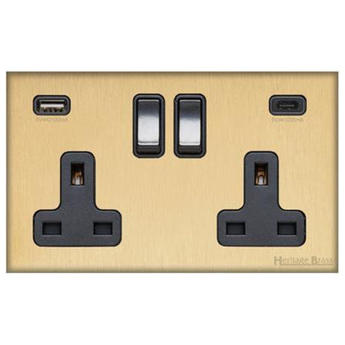Windsor Range Matt Brass Switches & Sockets, WN40 - 2G 13A Socket with USB-A+C by Heritage Brass By M-Marcus
