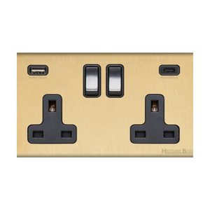 Windsor Range Matt Brass Switches & Sockets, WN40 - 2G 13A Socket with USB-A+C by Heritage Brass By M-Marcus