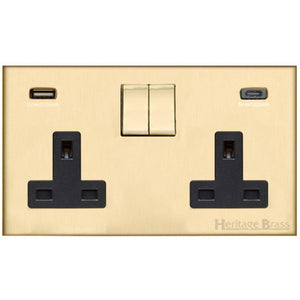 Winchester Range Satin Brass Switches & Sockets, W44 - 2G 13A Socket with USB-A+C by Heritage Brass By M-Marcus