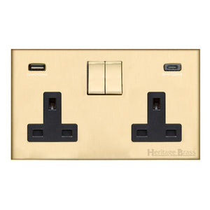 Winchester Range Satin Brass Switches & Sockets, W44 - 2G 13A Socket with USB-A+C by Heritage Brass By M-Marcus