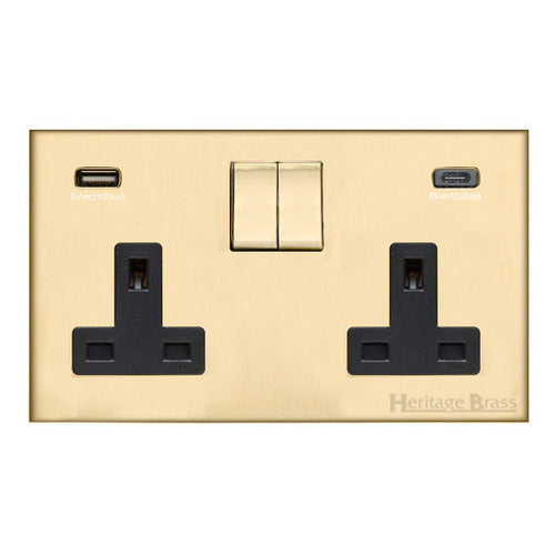 Winchester Range Satin Brass Switches & Sockets, W44 - 2G 13A Socket with USB-A+C by Heritage Brass By M-Marcus