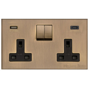 Winchester Range Antique Brass Switches & Sockets, W91 - 2G 13A Socket with USB-A+C by Heritage Brass By M-Marcus