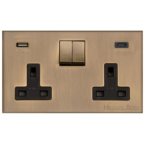 Winchester Range Antique Brass Switches & Sockets, W91 - 2G 13A Socket with USB-A+C by Heritage Brass By M-Marcus
