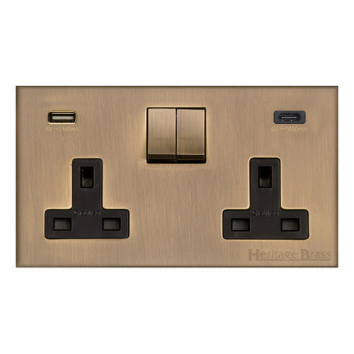 Winchester Range Antique Brass Switches & Sockets, W91 - 2G 13A Socket with USB-A+C by Heritage Brass By M-Marcus