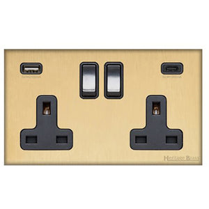Windsor Range Satin Brass Switches & Sockets, WN44 - 2G 13A Socket with USB-A+C by Heritage Brass By M-Marcus