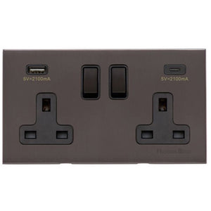 Windsor Range Matt Bronze Switches & Sockets, WN9 - 2G 13A Socket with USB-A+C by Heritage Brass By M-Marcus