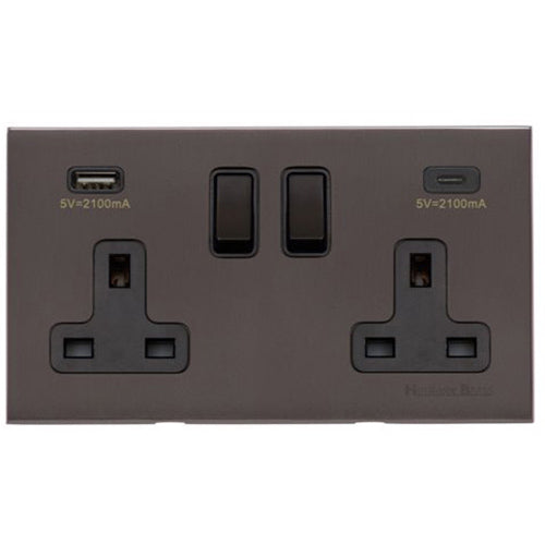 Windsor Range Matt Bronze Switches & Sockets, WN9 - 2G 13A Socket with USB-A+C by Heritage Brass By M-Marcus