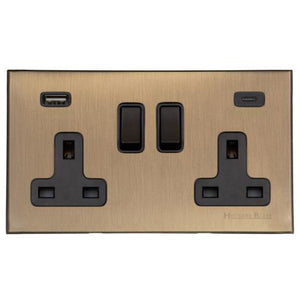 Windsor Range Antique Brass Switches & Sockets, WN91 - 2G 13A Socket with USB-A+C by Heritage Brass By M-Marcus