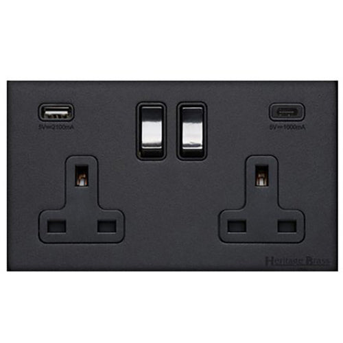 Windsor Range Matt Black Switches & Sockets, WBK - 2G 13A Socket with USB-A+C by Heritage Brass By M-Marcus