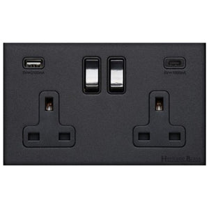 Windsor Range Jet Black (Project Finish) 2G 13A Socket with USB-A+C