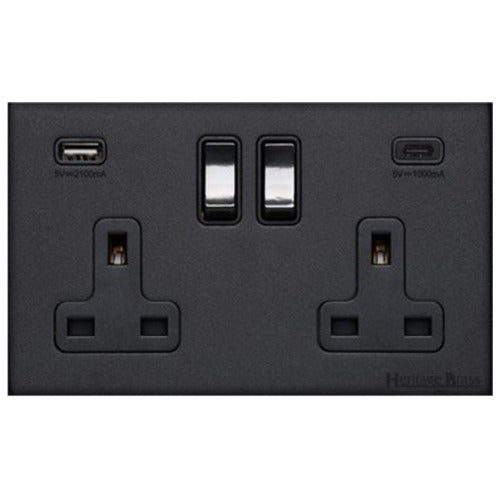Windsor Range Jet Black (Project Finish) 2G 13A Socket with USB-A+C