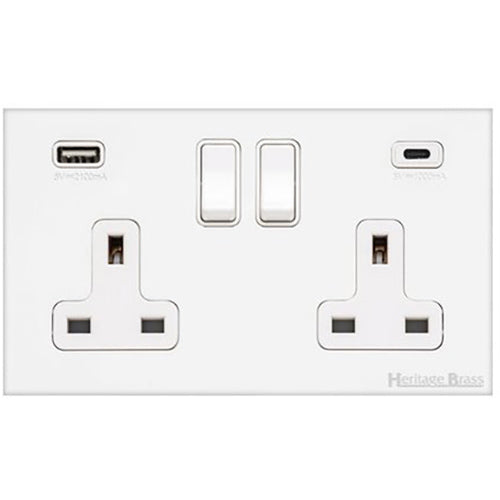 Windsor Range Matt White Switches & Sockets, WNW - 2G 13A Socket with USB-A+C by Heritage Brass By M-Marcus