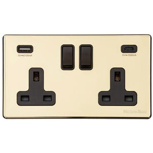 Vintage Range Polished Brass Switches & Sockets, X01 - 2G 13A Socket with USB-A+C by Heritage Brass By M-Marcus