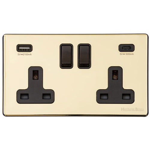 Vintage Range Polished Brass Switches & Sockets, X01 - 2G 13A Socket with USB-A+C by Heritage Brass By M-Marcus