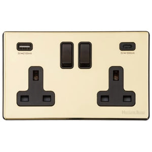 Vintage Range Polished Brass Switches & Sockets, X01 - 2G 13A Socket with USB-A+C by Heritage Brass By M-Marcus