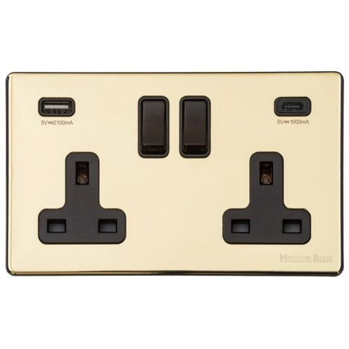 Vintage Range Polished Brass Switches & Sockets, X01 - 2G 13A Socket with USB-A+C by Heritage Brass By M-Marcus