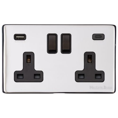 Vintage Range Polished Chrome Switches & Sockets, X02 - 2G 13A Socket with USB-A+C by Heritage Brass By M-Marcus