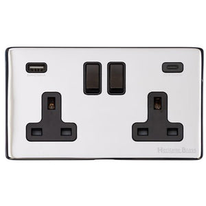 Vintage Range Polished Chrome Switches & Sockets, X02 - 2G 13A Socket with USB-A+C by Heritage Brass By M-Marcus