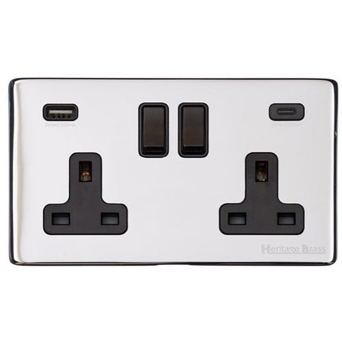 Vintage Range Polished Chrome Switches & Sockets, X02 - 2G 13A Socket with USB-A+C by Heritage Brass By M-Marcus