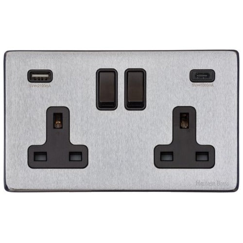 Vintage Range Satin Chrome Switches & Sockets, X03 - 2G 13A Socket with USB-A+C by Heritage Brass By M-Marcus