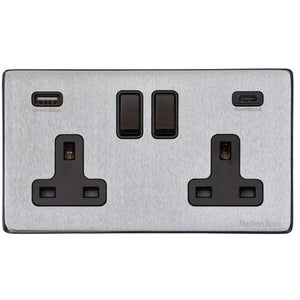 Vintage Range Satin Chrome Switches & Sockets, X03 - 2G 13A Socket with USB-A+C by Heritage Brass By M-Marcus
