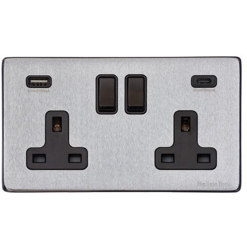 Vintage Range Satin Chrome Switches & Sockets, X03 - 2G 13A Socket with USB-A+C by Heritage Brass By M-Marcus
