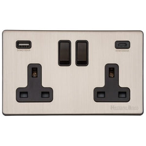 Vintage Range Satin Nickel Switches & Sockets, X05 - 2G 13A Socket with USB-A+C by Heritage Brass By M-Marcus