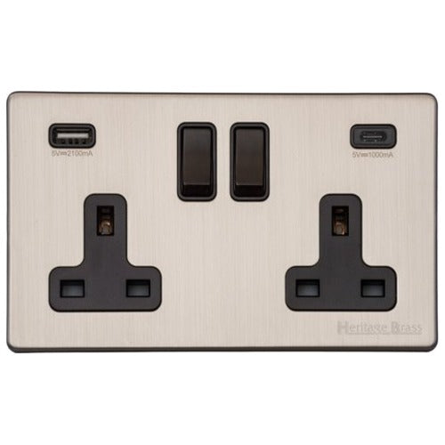 Vintage Range Satin Nickel Switches & Sockets, X05 - 2G 13A Socket with USB-A+C by Heritage Brass By M-Marcus