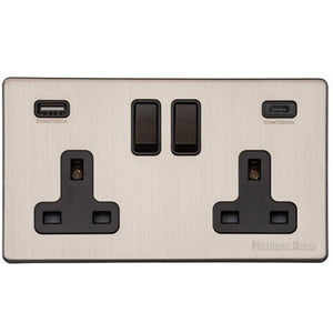 Vintage Range Satin Nickel Switches & Sockets, X05 - 2G 13A Socket with USB-A+C by Heritage Brass By M-Marcus