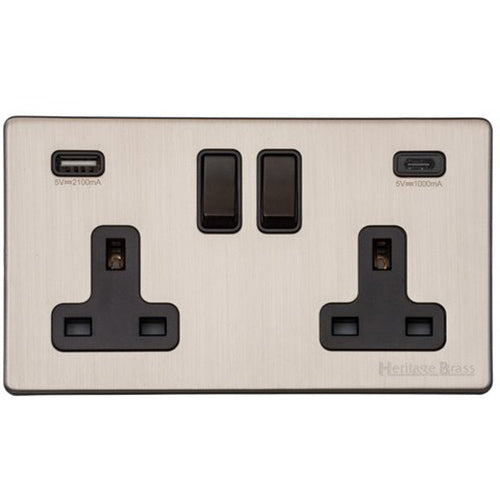 Vintage Range Satin Nickel Switches & Sockets, X05 - 2G 13A Socket with USB-A+C by Heritage Brass By M-Marcus