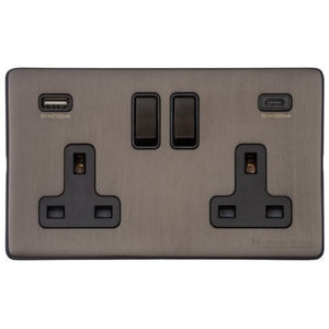 Vintage Range Matt Bronze Switches & Sockets, X09 - 2G 13A Socket with USB-A+C by Heritage Brass By M-Marcus