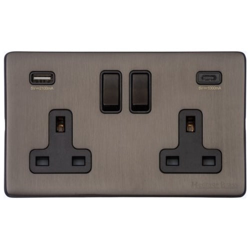Vintage Range Matt Bronze Switches & Sockets, X09 - 2G 13A Socket with USB-A+C by Heritage Brass By M-Marcus