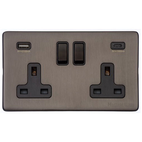 Vintage Range Matt Bronze Switches & Sockets, X09 - 2G 13A Socket with USB-A+C by Heritage Brass By M-Marcus