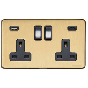 Vintage Range Satin Brass Switches & Sockets, X44 - 2G 13A Socket with USB-A+C by Heritage Brass By M-Marcus