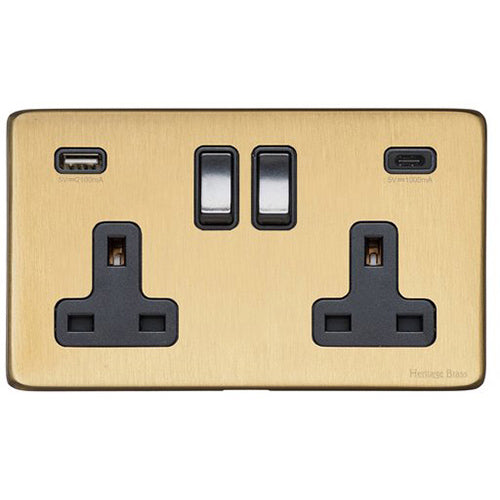 Vintage Range Satin Brass Switches & Sockets, X44 - 2G 13A Socket with USB-A+C by Heritage Brass By M-Marcus