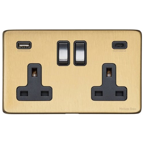 Vintage Range Satin Brass Switches & Sockets, X44 - 2G 13A Socket with USB-A+C by Heritage Brass By M-Marcus