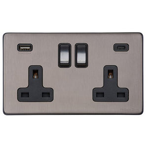Vintage Range Satin Black Nickel Switches & Sockets, X66 - 2G 13A Socket with USB-A+C by Heritage Brass By M-Marcus