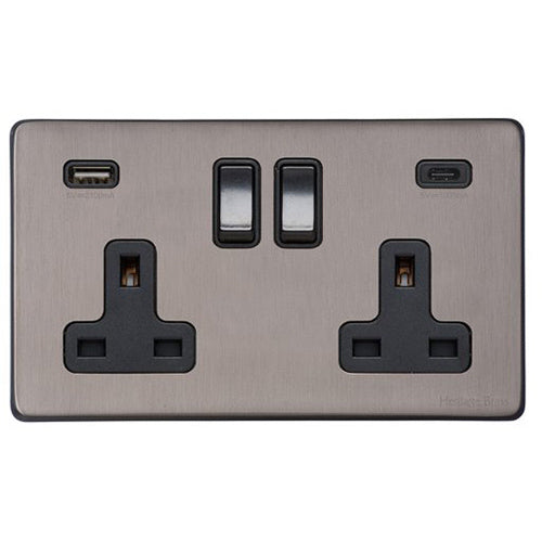 Vintage Range Satin Black Nickel Switches & Sockets, X66 - 2G 13A Socket with USB-A+C by Heritage Brass By M-Marcus